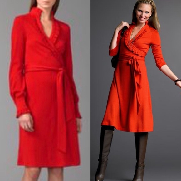 DIANE VON FURSTENBERG Volante Wrap Dress Red Wool Ruffle Trim Runway Iconic Sz 0 - Picture 4 of 16